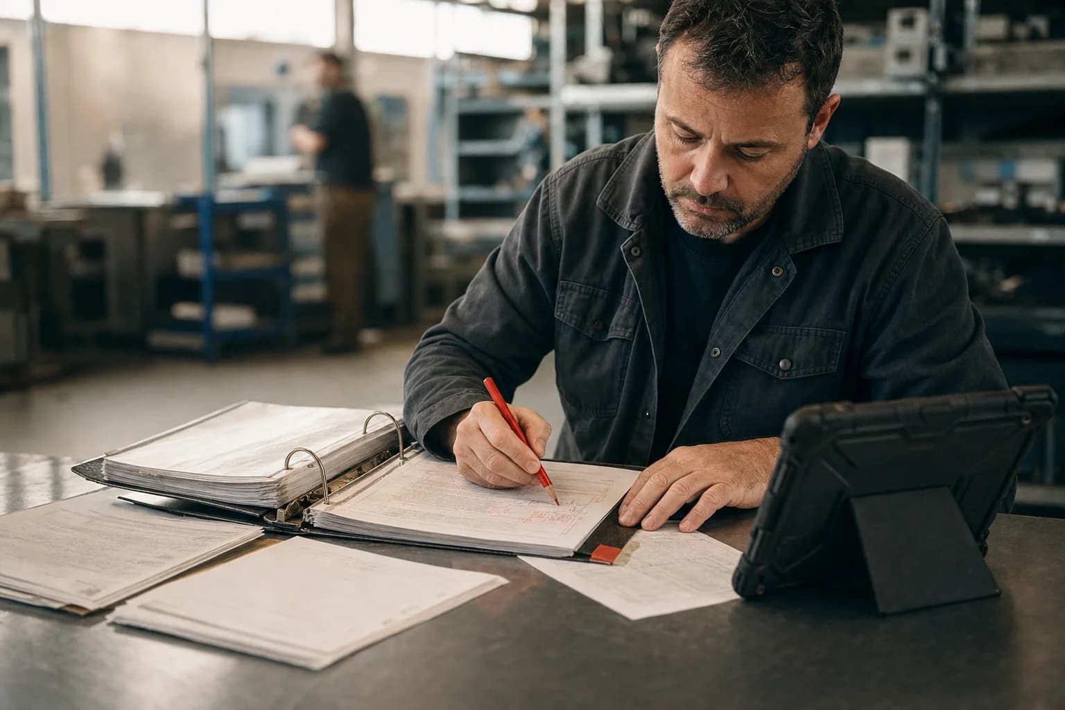 An operations manager annotating a procedure at a working table