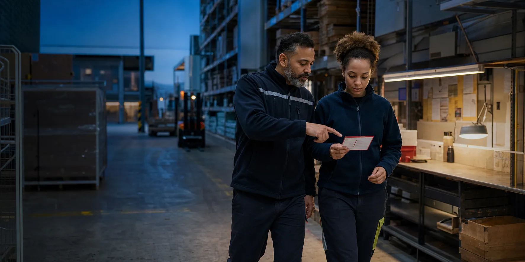 An operations lead and learner reviewing a procedure together on the floor
